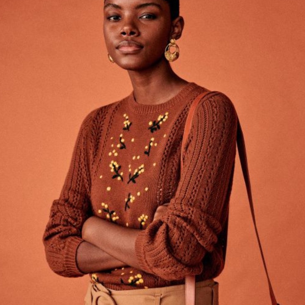 Sezane Gladys pointelle knit brown sweater with yellow floral embroidery